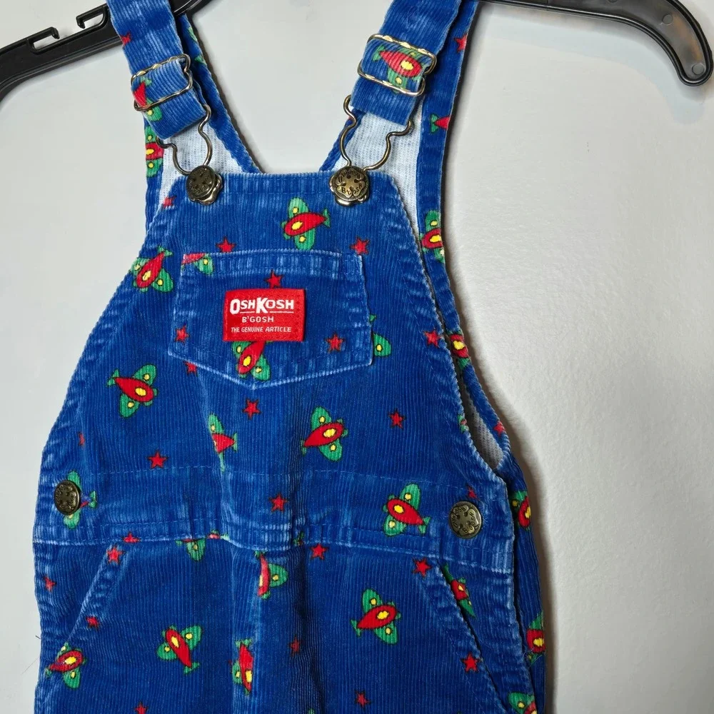 Vtg OshKosh B'gosh Blue Corduroy Airplane Star‎ Print Overalls Kids 24 Months